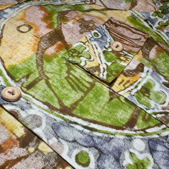 True Vintage 60s Surfline Barkcloth Hawaiian Shirt Sz M w Flap Pockets, Epaulets - Picture 7 of 14